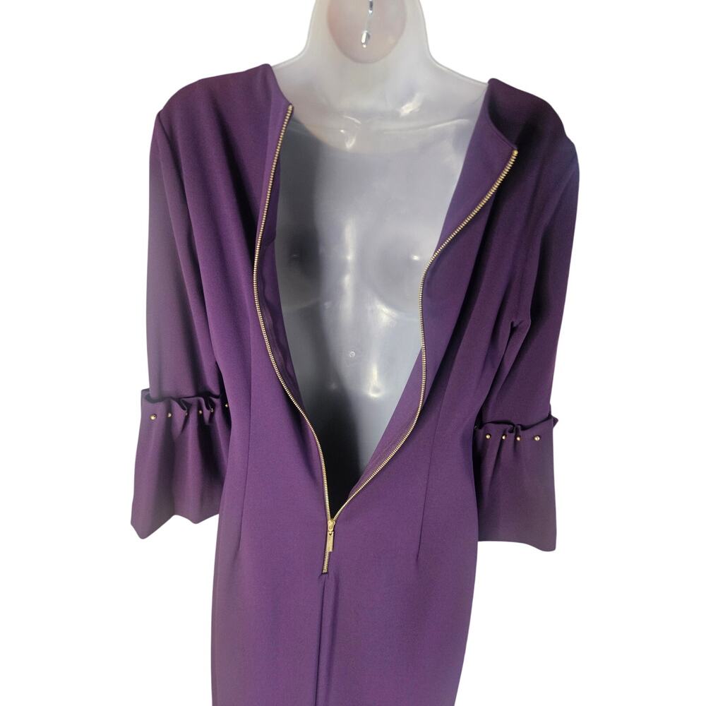 Donna Karen Plum Midi Dress Gold Hardware 3/4 Ruffled Sleeve Beaded Sz 10 - Picture 6 of 9